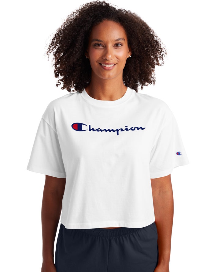 Champion Dame T-Shirts Hvide - Cropped Script Logo - Danmark UIK-513628